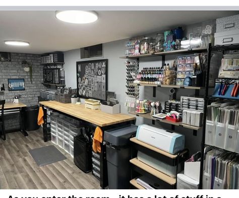 Masculine Craft Room, Print Shop Organization, Printing Shop Interior Design Ideas, T Shirt Business Home Office, At Home Business Organization, Sublimation Work Station, Print Studio Workspaces, Industrial Craft Room, Printing Shop Interior Design