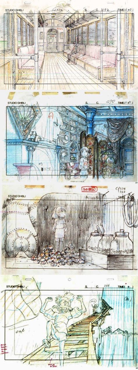 Studio Ghibli - The making of Spirited Away Ghibli Background Tutorial, Studio Ghibli Concept Art Sketch, Ghibli Environment Concept Art, Studio Ghibli Storyboard, Studio Ghibli Settings, Miyazaki Storyboard, Studio Ghibli Environment, Studio Ghibli Concept Art, Ghibli Frames