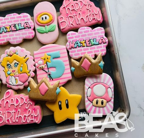 Princess peach theme decorated sugar cookies for Nayeila’s 5th birthday 💓💓💓💓 #sugarcookies #sugarcookiesofinstagram #princesspeach #princesspeachcookies #decoratedcookies #galletasdecoradas Princess Peach Cookies Decorated, Princess Peach Cookies, Princess Peach Party, Peach Cookies, 7 Birthday, Daisy Party, Peach Party, Princess Daisy, Decorated Sugar Cookies