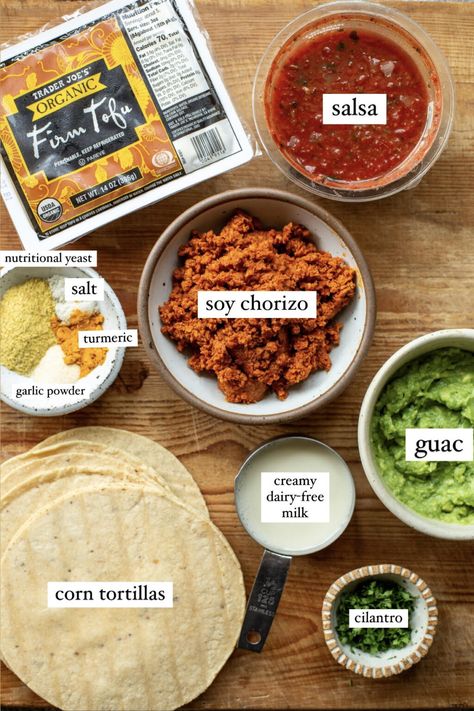 Made with tofu scramble "eggs" and soy chorizo, these Vegan Breakfast Tacos are a filling and protein-packed breakfast you'll love! Ready in 20 minutes with only 10 ingredients, including toppings. Vegan Breakfast Tacos, Tofu Scrambled Eggs, Tofu Breakfast, Chorizo Tacos, Soy Chorizo, Vegan Breakfast Easy, Taco Fillings, Tofu Scramble, Protein Packed Breakfast