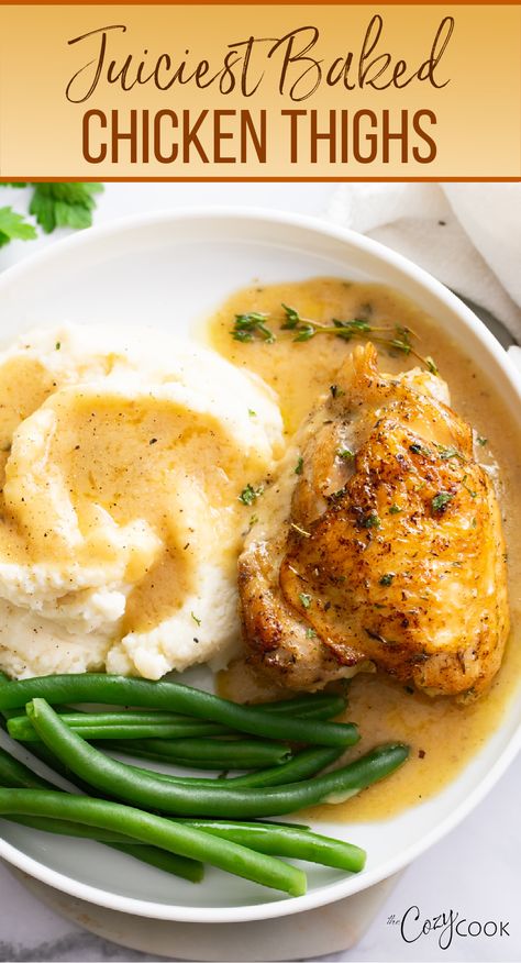 baked chicken thighs with a side of mashed potatoes and a side of vegetables. All topped with gravy Maple Chicken Recipes, Chicken Legs In Air Fryer, Chicken Thighs Crockpot, Chicken Thighs Instant Pot, Chicken Thighs In Oven, Chicken Thighs Dinner, Maple Chicken, Oven Baked Chicken Thighs, Chicken Mashed Potatoes