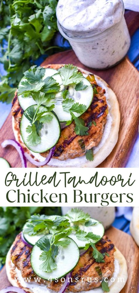 Grilled tandoori chicken burgers are a leaner, lower carb alternative to traditional burgers. Ground chicken breast gets a bold blend of seasoning before being shaped into patties, grilled, and served on naan with a creamy yogurt mint sauce. 4sonrus is a food blog for busy families looking for easy and fast recipes. Tandoori Chicken Burgers, Tandoori Chicken Burger, Chicken Burger In Oven, Feta Chicken Burgers, Grilled Ground Chicken Burgers, Easy And Fast Recipes, Chicken Corn Zucchini Burgers, Grilled Tandoori Chicken, Awesome Sandwiches