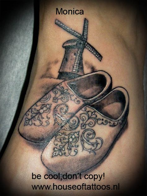 Yes Dutch Tattoo Ideas, Windmill Tattoo, Shoes Tattoo, Dutch Tattoo, Think Tattoo, Shoe Tattoos, Dutch Windmill, Bear Tattoos, Blue Tattoo