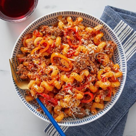 Recipe: Cavatappi & Beef Ragù with Peppers & Parmesan - Blue Apron Beef Cavatappi, Cavatappi Pasta, Italian Meat Sauce, Pork Ragu, Blue Apron Recipes, Beef Ragu, Italian Meats, Sweet Peppers, Blue Apron