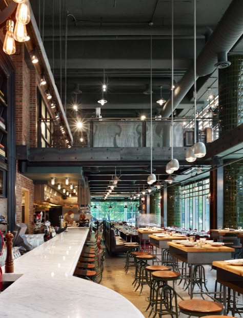 Kitchen Restaurant Design, Industrial Pub, Warehouse Bar, Warehouse Renovation, Eaton Centre, Brewery Design, Marble Bar, Industrial Restaurant, Hotel Concept