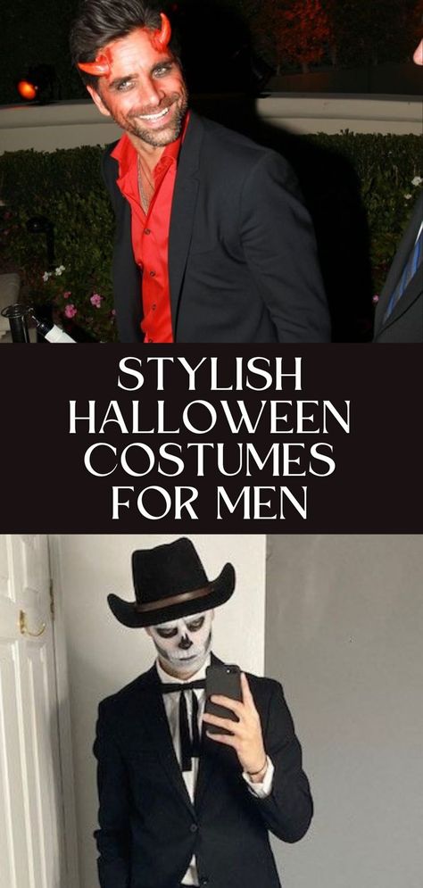 cowbow skeleton and stylish devil in a black and red suit from john stamos Unique Guy Costumes, Cute Mens Halloween Costumes, Mens Batman Costume Diy, Creative Men Costumes, Halloween Makeup Men Scary, Best Men Halloween Costumes, Men’s Holloween Costume Ideas, Simple Halloween Costume For Men, Cool Mens Halloween Costumes