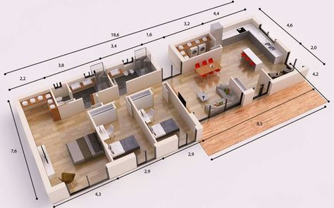 150 M2 House Plan, 3d House Plans, Little House Plans, 3d Home Design, Building A Container Home, House Construction Plan, House Layout Plans, Container House Plans, Apartment Plans