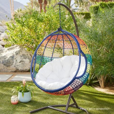 Round Rainbow All Weather Chillasan Outdoor Hanging Chair | World Market Outdoor Hanging Chair, Rainbow Chairs, Plastic Hanging Baskets, Hanging Chair With Stand, Acapulco Chair, Rope Chair, Basket Chair, Hanging Chair Outdoor, Patio Swing