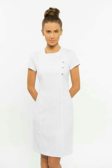 Nurse Scrub Dress, White Nurse Dress, Nursing Scrubs Outfits, Nurse Fashion Scrubs, Spa Wear, Nurse Outfit Scrubs, Nurse Dress Uniform, Beauty Uniforms, Nurse Dress