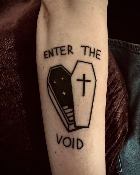 Void Stamp Tattoo Design, Portal 2 Tattoo, The Void Tattoo, Portal Tattoo Ideas, Void Tattoo, Creepy Blackwork Tattoo, Portal Tattoo, Chris Tattoo, Coffin Tattoo