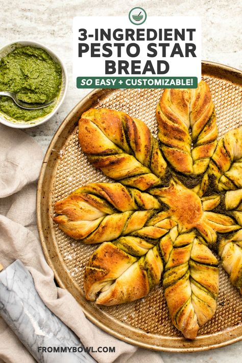 3-Ingredient Pesto Star Bread | SO Easy! - From My Bowl Star Cheese, Pull Apart Recipes, Vegan Stuffed Mushrooms, Pesto Bread, Star Bread, Homemade Garlic Bread, Garlic Cheese Bread, Vegan Pesto, Vegan Bread