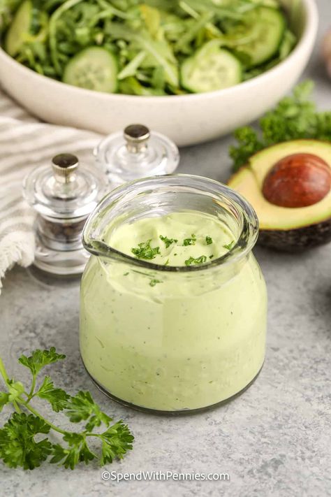 Elevate the flavor of any salad with this effortless avocado lime dressing. Made with wholesome ingredients like avocado, milk, yogurt, lime juice, and seasonings, this creamy dressing is both simple and healthy. It's perfect for enhancing the taste of chicken quesadillas, tossing with a basic green salad, or even as a topping for a black bean quinoa bowl. #avocadolimedressing #dressing #saladdressing #limeavocadodressing #spendwithpennies Avacado Lime Dressing, Black Bean Quinoa Bowl, Avacodo Salad, Avocado Milk, Avocado Lime Dressing, Bean Quinoa, Dip For Tortilla Chips, Creamy Avocado Dressing, Avocado Salad Dressing