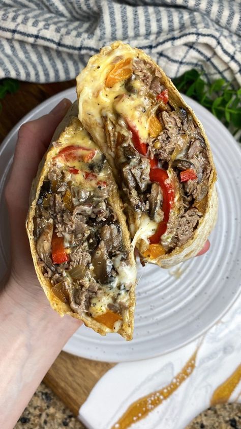 Philly Cheesesteak Wrap - Chef Allie's Kitchen Cheesesteak Wrap, Steak Burrito, Beef Chops, Steak Wraps, Beef Wraps, Leftover Steak, Ww Freestyle, Steak And Mushrooms, Beef Bone Broth