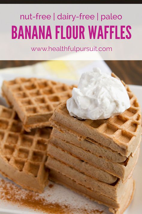 Banana Flour Waffles | Healthful Pursuit Banana Flour Recipes, Maui Banana Bread Recipe, Grain Free Waffle Recipe, Plantain Flour, Green Banana Flour, Resistant Starch, Banana Flour, Banana Waffles, Paleo Recipes Breakfast