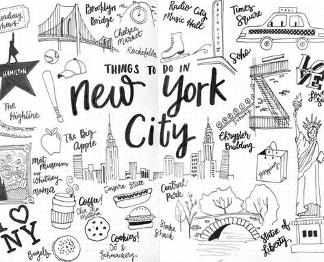 Nex York, Apple City, New York Drawing, Travel Doodles, Bullet Journal Spreads, Voyage New York, New York Graffiti, Journal News, Journal Spreads