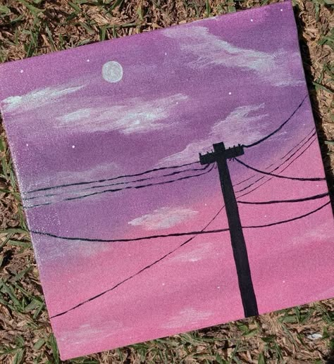 Purple Aesthetic Drawing Easy, Painting Ideas On Canvas Aesthetic Sunset, Sunset Ideas Drawing, Sunset And Moon Painting, Aesthetic Painting Sunset, Cool Sunset Paintings, Pretty Paintings Easy Aesthetic, Purple Sunset Aesthetic Painting, Cute Paintings Sunset