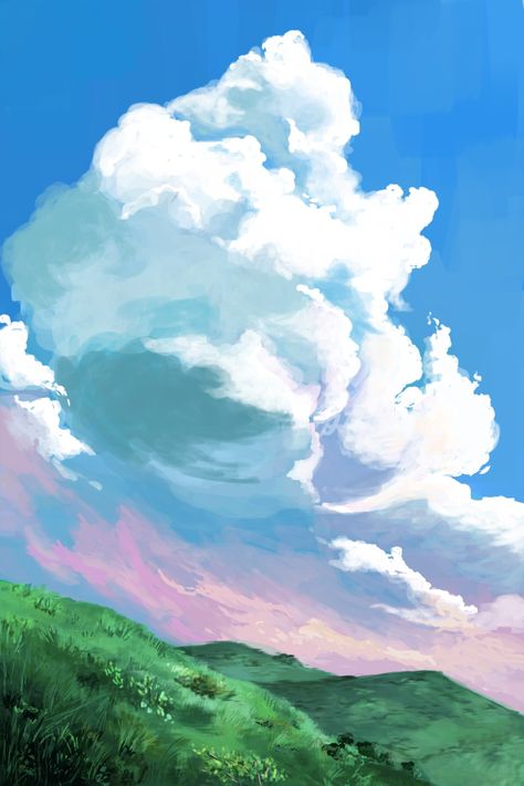 Guache Clouds, Sky Aesthetic Illustration, Studio Ghibli Field, Ghibli Field, Cloud Illustration Drawing, Studio Ghibli Sky, Anime Cloud Wallpaper, Studio Ghibli Clouds, Cloudy Illustration