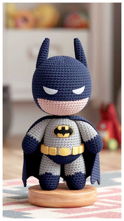 Crochet Batman Amigurumi Free Pattern Hollowed Crochet, Christmas Tree Skirt Crochet Pattern, Batman Amigurumi, Crochet Batman, Crochet Characters, Knitting Patterns Free Dog, Crochet Dragon Pattern, Crocheted Animals, Crochet Keychain Pattern