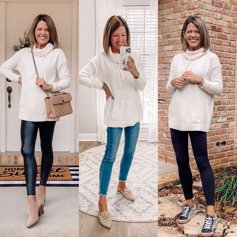 White Tunic Sweater Outfit, Sweater Tunic Outfit, Fall Layering Tops With Cowl Neck, Cowl Neck Sweater Outfit, Cream Cowl Neck Sweater Outfit, Tunic Sweater Outfits, Cozy Cowl Neck Tops For Winter, Oversized Cowlneck Sweater, Cozy Winter Sweater With Cowl Neck