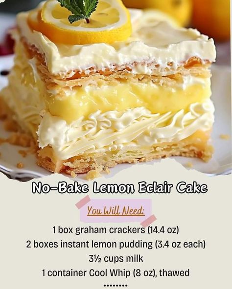 Lemon Eclair Cake, Lemon Eclair, Refrigerator Desserts, Eclair Cake Recipe, No Bake Lemon, Fried Recipes, Lemon Cakes, Eclair Recipe, Lemon Recipe