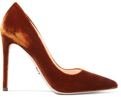 Prada - Velvet Pumps - Brown. Prada's pumps have been hand-assembled at the label's atelier in Tuscany - the same studio that Miuccia Prada has used since 1977. Made from plush tan velvet, they have a smooth leather lining and pointed toe. We think this pair works especially well with the brand's statement prints. #affiliate #highheels #prada Shoes Pumps Heels, Tan High Heels, Brown Slip On Shoes, Brown High Heels, Tan Pumps, Brown Pumps, Velvet Pumps, Velvet Shoes, Tan Shoes