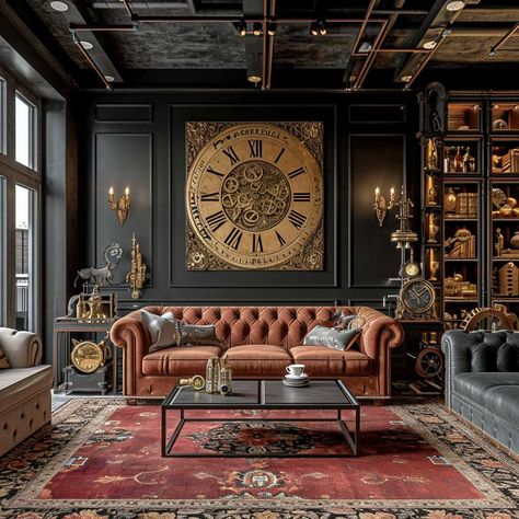 Crafting an Industrial Fantasy with Steampunk Interior Design • 333+ Inspiring Lifestyle Ideas Antique Displays Ideas, Steam Punk Wall Art, Steam Punk Office, Steampunk Room Ideas, Steampunk Living Room, Antique Display Ideas, Punk Wall Art, Steampunk Interior Design, Steampunk Office