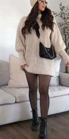 Cold Outfits To Go Out, Panty Hose Outfits Winter, New Years Cozy Outfit, Sweater With Stockings Outfit, Sweater Dress With Stockings Tights, Going Out Outfits 2023 Winter, Casual Bday Outfits Winter, Dresses With Stockings Outfit Fall, Sweater Dress With Thigh High Socks