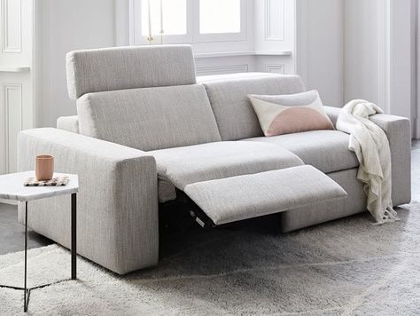 A splurge-worthy reclining sofa that (with just the push of a button) turns your afternoon cat nap into one of pure luxury. Why nap in your bed when your sofa is significantly more comfortable, am I right? 20 Sofas For Anyone Who Doesn't Have A Lot Of Space Modern Recliner Sofa, Green Sofa Living, Comfy Sofa Bed, Reclining Sofa Living Room, Sofa Bed For Small Spaces, Couches Living, Latest Sofa Designs, Couches For Small Spaces, Small Sectional Sofa