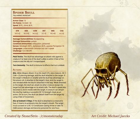 [Homebrew] Monster a Day: Spider Skull Easy Dnd Monsters, Dnd Monster Ideas, Dnd Monsters Low Level, Monster Spider, 5e Monsters, Dnd Monster, Monster Manual, Spider Skull, Dnd Stats