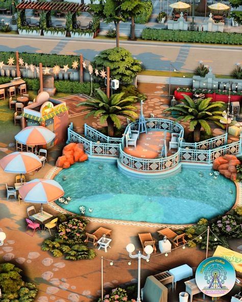 I built in @thesims the ultimate spot for romantic dates, family fun, and so much more! 🌄 Built in Ciudad Enamorada from the Lovestruck EP, this park has it all: an outdoor bar and dance area, delicious food stalls, a playground for the little ones, a cozy bonfire with tents, an outdoor cinema, and even a swimming pool! ☀️ It's the perfect place to enjoy those warm summer days. I created this build as part of the #ts4funsummercollab , so be sure to check out the hashtag in the gallery to dis... Sims 4 Community Pool, The Sims 4 Pool Ideas, Sims 4 Public Pool, Sims Park, Ts4 Builds, The Sims 4 Lots, Sims Inspiration, Sims Houses, Sims Builds