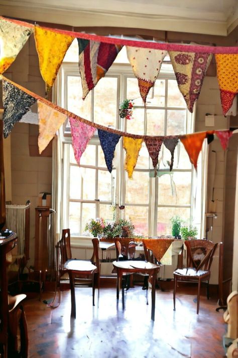 Ideas For Floating Shelves, Traditional Shelves, Flag Garland, Uni Room, Outdoor Door, Bunting Flags, Fabric Flags, Garden Parties, Silk Sari