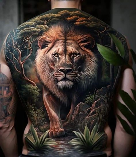 Lion In Jungle Tattoo, Lion Tattoo On Back, Tattoo On Calf, Roaring Lion Tattoo, Lion Back Tattoo, Jungle Tattoo, Geometric Lion Tattoo, Tattoo On Back, Lion Tattoos