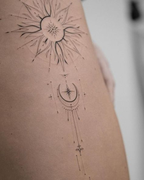 Single needle 🤍 Yana on Instagram: “A small part of a masterpiece, which is made with the thinnest needle 🖤” Sonne Mond Tattoo, Tattoo Sonne, Underboob Tattoo Designs, Mystical Tattoos, Small Girly Tattoos, Realistic Temporary Tattoos, Boho Tattoos, Sun Tattoos, Modern Tattoos