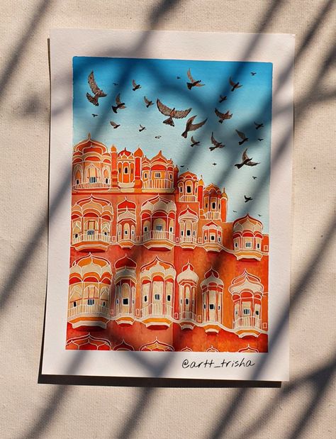 Jaipur Painting Art, Hawa Mahal Drawing, Hawa Mahal Sketch, Hawa Mahal Painting, Sky Art Painting, Mandala Art Therapy, Color Drawing Art, Beautiful Art Paintings, Gouache Art