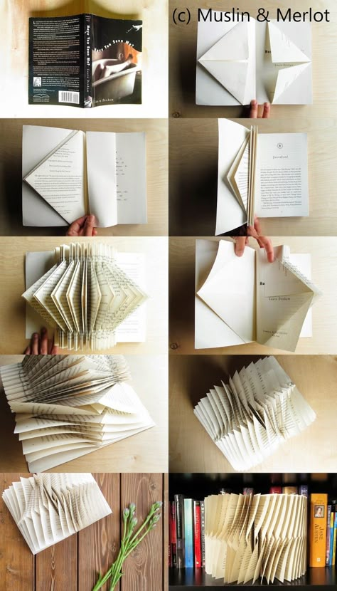 Turn your book into a crafty centerpiece!   #easy #foldedbook #papercraft Decoration Tattoo, Book Art Tutorial, Origami Book, Old Book Crafts, Recycled Books, Shelf Decoration, Folding Origami, Book Page Crafts, Altered Book Art