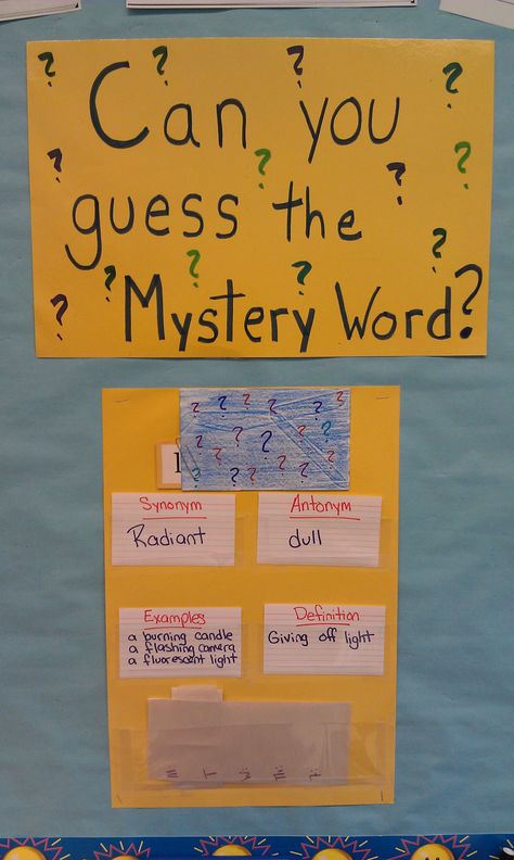 Quick and fun way to get vocabulary in! I put the mystery word in the blue envelope with just the first letter showing. Each day I add a new clue, a synonym, an antonym, examples or using it in a sentence and the definition. Each day the kids can guess what the word is! Interactive Educational Games, Word Of The Week Display, Word Of The Week Ideas, Word Wall Bulletin Board, Wall Bulletin Board, Science Word Wall, School Function, Mystery Word, Dj Photo