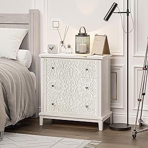 COZAYH 3-Drawer Fully-Assembled Flower Motif Dresser, Distressed Finish, White-Washed  13.5"D x 26"W x 28.25"H Large Nightstand Ideas Master Bedrooms, Bedroom En Suite, Modern Rustic Style, Rustic Dresser, Bedside Table Set, Bedroom Makeover Ideas, Table For Small Space, Dresser Sets, French Country Farmhouse