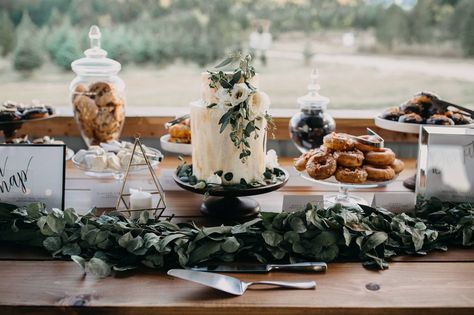 Greenery On Dessert Table, Dessert Table With Greenery, Wedding Dessert Table Greenery, Dessert Table Florals, Greenery Dessert Table, Forest Green Wedding Cakes, Outdoor Dessert Table, Modern Greenery Wedding, Taupe Flowers