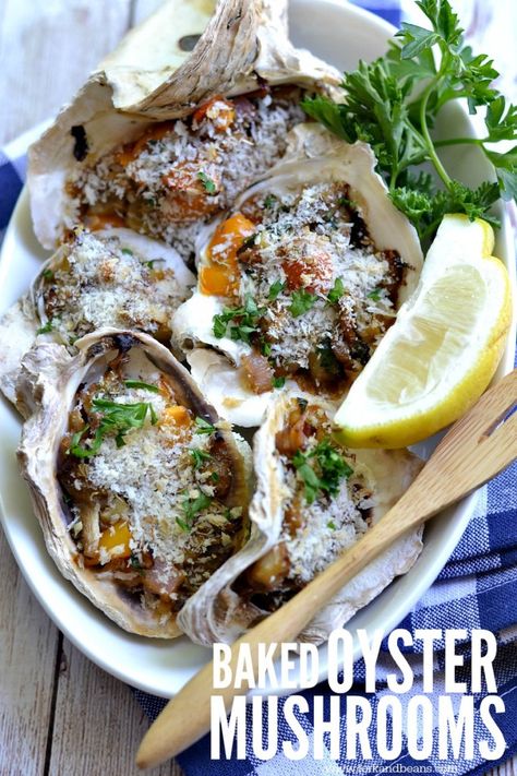 Baked Oyster Mushrooms (gluten-free vegan) - Fork & Beans Meatless Appetizers, Goddess Food, Vegan Seafood, Vegan Fish, Oyster Mushrooms, Healthy Veggies, Vegan Appetizers, Oyster Shells, Vegan Condiments