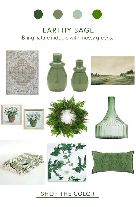 Bring nature to your indoor home decor with mossy greens, sage greans and fresh new sprigs of leaves. With accent pieces to add pops of color or large focal points to make this fresh hue the main attraction in your space. Green Room Decor, Indoor Home Decor, Earthy Green, Green Room, Wood Tones, Focal Points, Green Collection, Main Attraction, Green Rooms