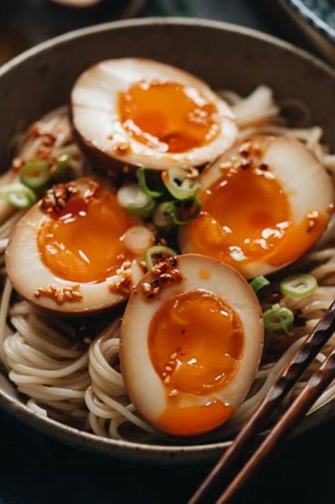 Shoyu Tamago | Soy Sauce Eggs | Pete and Gerry's Organic Eggs Soy Sauce Eggs, Fusion Dishes, Gluten Free Chili, Organic Eggs, Homemade Chili, Chinese Cooking, Egg Noodles, Tempura, Bowls Recipe