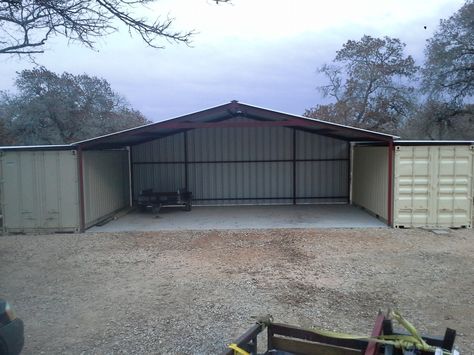 Gabled Enclosed Attachment, Floresville, Texas Unique Prefab Homes, Container Garage Design, Storage Container Shop Ideas, Container Storage, Shipping Container With Lean To, Conex Box Ideas, Shipping Container Lean To, Shipping Container Sheds Garages, Container Barn Ideas