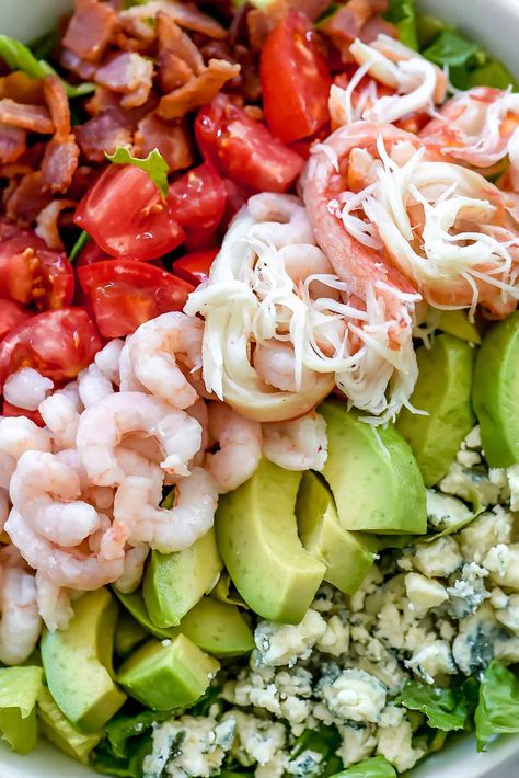 Crab and Shrimp Seafood Cobb Salad | foodiecrush.com Seafood Cobb Salad, Salad Cobb, Cobb Salad Dressing, Pappadeaux Seafood, Crab And Shrimp, Cobb Salad Recipe, Crab Stuffed Shrimp, Shrimp Avocado, Grape Salad