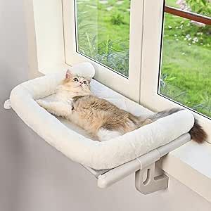 Zoratoo Cat Window Sill Perch with Large Bolster, Easy to Adjust & Assemble Cat Window Seat for Windowsill & Bedside, Cat Hammock Bed for Large Cats and Kittens (White, L) Cat Window Bed, Cat Window Hammock, Cat Window Perch, Indoor Balcony, Window Perch, Cushion Bed, Hammock Bed, Cat Window, Cat Hammock