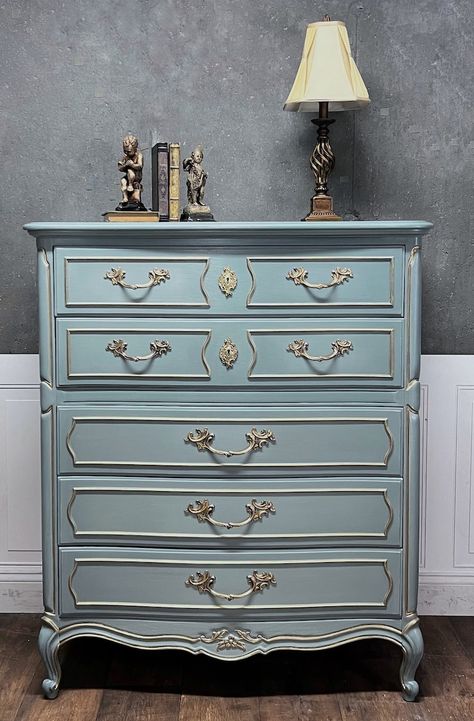 Vintage French Provincial Dresser #frenchcountry #Countryhome #shabbychic French Provincial Tall Dresser Makeover, Seaglass Colors, Vintage French Provincial Dresser, French Provincial Dresser Makeover, Vintage Furniture Makeover, Provincial Dresser, Tall Chest Of Drawers, French Provincial Dresser, Revamp Furniture