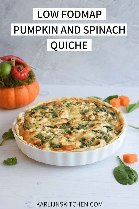 A delicious low FODMAP pumpkin and spinach quiche with feta! With homemade gluten-free crust. Gluten-free and low lactose #FODMAP #quiche #glutenfreequiche #fodmapquiche #lowlactose #vegetarian #pumpkin Low Fodmap Pumpkin, Pumpkin Quiche, Gluten Free Quiche, Fodmap Friendly Recipes, Vegetable Quiche, Gluten Free Crust, Spinach Quiche, Spiralizer Recipes, Crustless Quiche