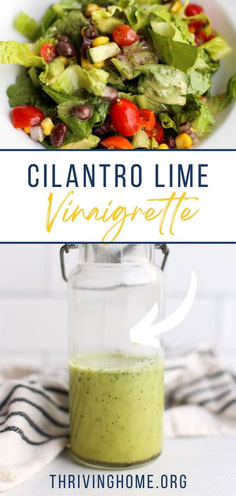 The sweet and vibrant flavor of this Cilantro Lime Vinaigrette homemade salad dressing will bring life and flavor to any salad. Serve it on any Mexican-inspired salad (like our Mexican Chopped Salad) for a delicious, crowd-pleasing side dish. Making a healthy homemade salad dressing is easier than you think. Homemade dressing like this Cilantro Lime Vinaigrette is cheaper, healthier, and tastier, too. Healthy Homemade Salad Dressing, Mexican Chopped Salad, Pesto Vinaigrette, Homemade Salad Dressing Healthy, Cilantro Lime Vinaigrette, Cilantro Recipes, Thriving Home, Salads For A Crowd, Mexican Salads