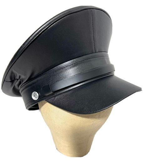 Gothic Punk Military black synthetic leather peak hat.  This is a Military style hat Please refer to photos. Available in size 56,57,58,59cm It is brand new. Thank you for looking. Goth Hat, Industrial Punk, Agejo Gyaru, Army Hat, Military Cap, Steampunk Wedding, Military Hat, Top Hats, Cap Mens