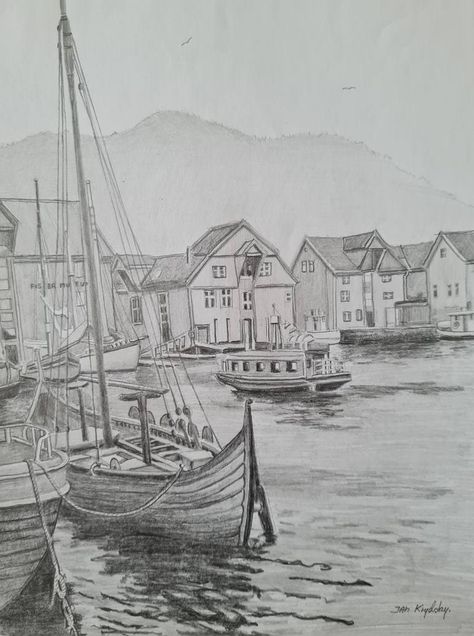 Original photorealism drawing by Jan Krydsby (Norway). This one-of-a-kind graphite on paper drawing measures 11.7W x 16.5 H inches, and is framed. The boat drawing ships in a box directly from the artist's studio and is covered by the 14-day satisfaction guarantee from Saatchi Art, so you can buy with confidence. Sailing Ship Drawing, Dock Drawing, Norway Drawing, Boat Sketches, Boats Drawing, Photorealism Drawing, Frame Sketch, Sailboat Drawing, Boat Sketch