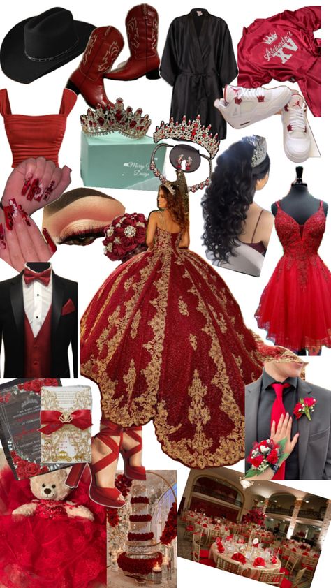 Dark Red Quinceanera Dresses, Red Quince Dress, Red And Gold Quince, Red Quinceanera Ideas, Quinceanera Red, Sweet 15 Party Ideas Quinceanera, Mexican Quinceanera Dresses, Quinceanera Themes Dresses, Charro Quinceanera Dresses